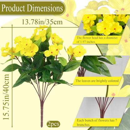 2 Pcs Artificial Impatiens Flowers for Outdoors Silk Flower Outside UV Resistant Fake Flowers Plants Bushes Yellow Faux Impatiens for Outdoor Planters Front Porch Patio Garden Balcony Decor
