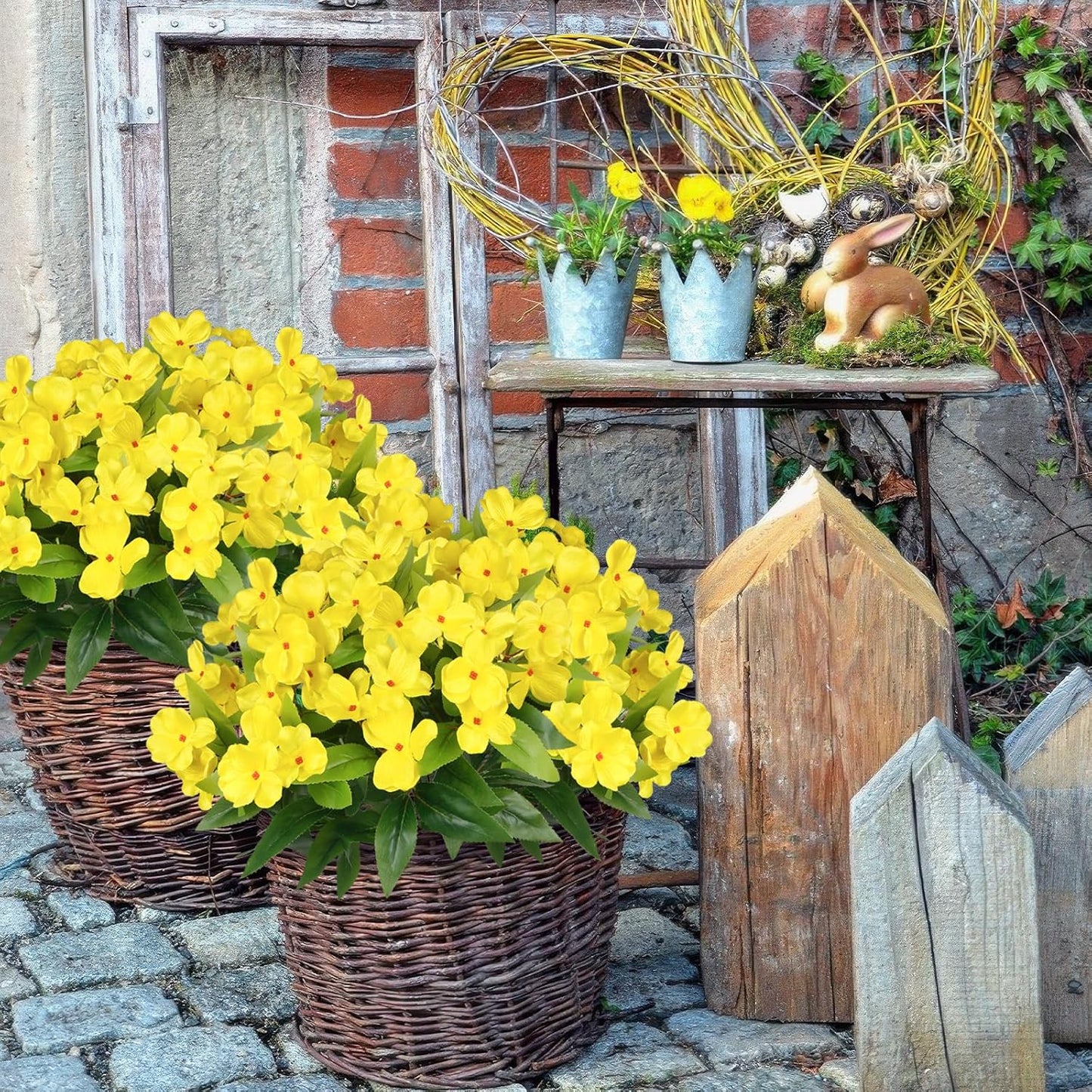 2 Pcs Artificial Impatiens Flowers for Outdoors Silk Flower Outside UV Resistant Fake Flowers Plants Bushes Yellow Faux Impatiens for Outdoor Planters Front Porch Patio Garden Balcony Decor