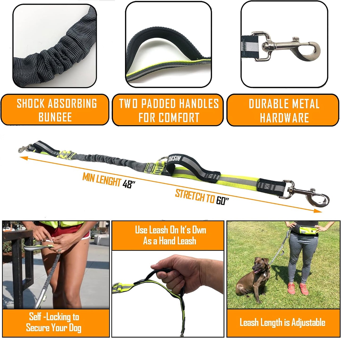 TAKSIN The Ultimate Hands Free Dog Leash System for Walking Running Hiking Training, Reflective Bungee Leash, Treat Holder, Poop Bag Dispenser for Small Medium Large Dogs (Yellow Pack)