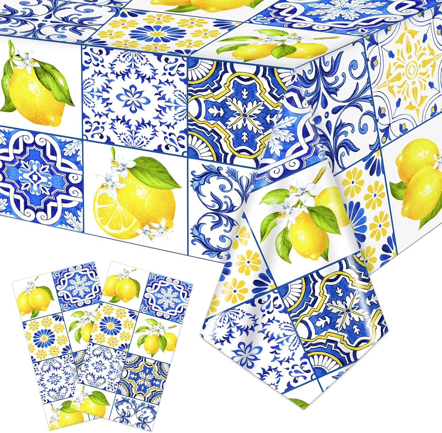 Capri Lemon Tablecloth Lemon Party Supplies 2PCS Blue Tiles and Yellow Lemon Plastic Table Cover Citrus Party Decorations Lemonade Tableware for Summer Fruits Birthday Baby Showe Wedding Decor