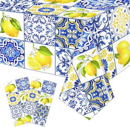 Capri Lemon Tablecloth Lemon Party Supplies 2PCS Blue Tiles and Yellow Lemon Plastic Table Cover Citrus Party Decorations Lemonade Tableware for Summer Fruits Birthday Baby Showe Wedding Decor
