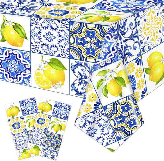 Capri Lemon Tablecloth Lemon Party Supplies 2PCS Blue Tiles and Yellow Lemon Plastic Table Cover Citrus Party Decorations Lemonade Tableware for Summer Fruits Birthday Baby Showe Wedding Decor