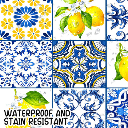 Capri Lemon Tablecloth Lemon Party Supplies 2PCS Blue Tiles and Yellow Lemon Plastic Table Cover Citrus Party Decorations Lemonade Tableware for Summer Fruits Birthday Baby Showe Wedding Decor