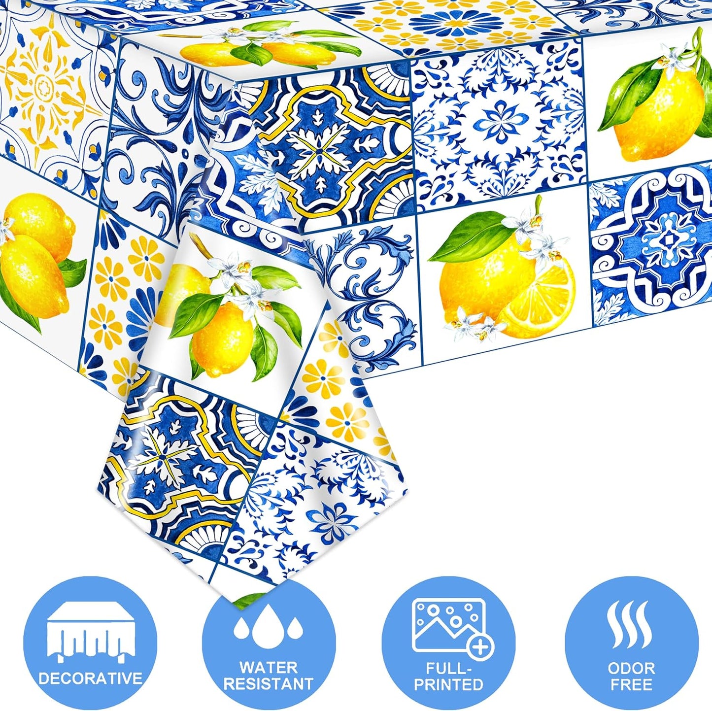 Capri Lemon Tablecloth Lemon Party Supplies 2PCS Blue Tiles and Yellow Lemon Plastic Table Cover Citrus Party Decorations Lemonade Tableware for Summer Fruits Birthday Baby Showe Wedding Decor