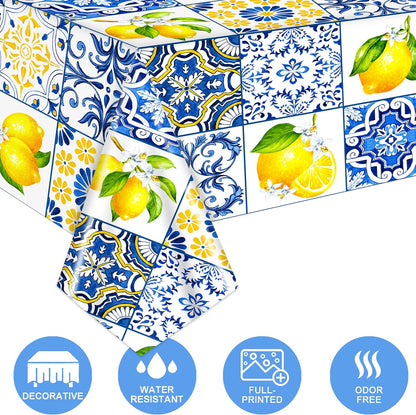 Capri Lemon Tablecloth Lemon Party Supplies 2PCS Blue Tiles and Yellow Lemon Plastic Table Cover Citrus Party Decorations Lemonade Tableware for Summer Fruits Birthday Baby Showe Wedding Decor