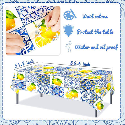 Capri Lemon Tablecloth Lemon Party Supplies 2PCS Blue Tiles and Yellow Lemon Plastic Table Cover Citrus Party Decorations Lemonade Tableware for Summer Fruits Birthday Baby Showe Wedding Decor