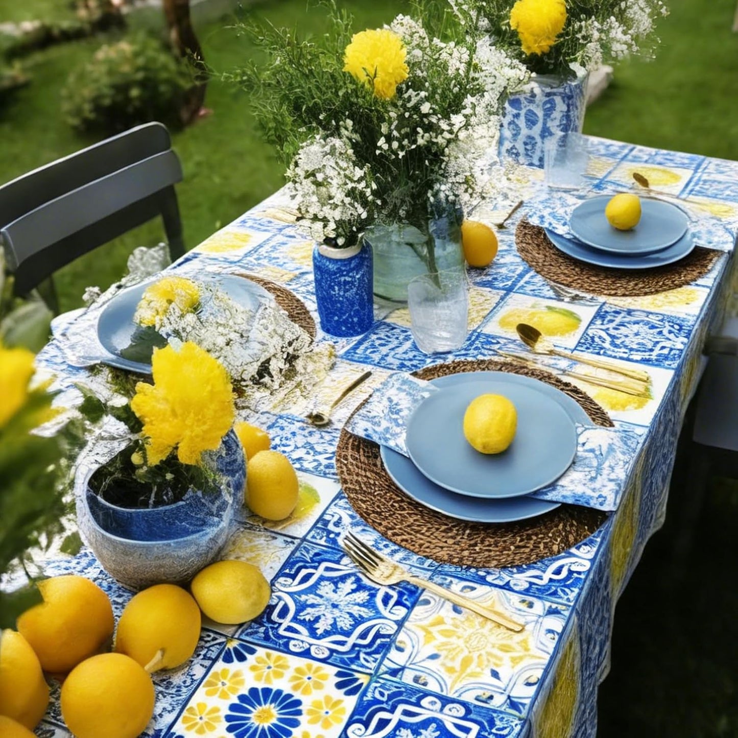 Capri Lemon Tablecloth Lemon Party Supplies 2PCS Blue Tiles and Yellow Lemon Plastic Table Cover Citrus Party Decorations Lemonade Tableware for Summer Fruits Birthday Baby Showe Wedding Decor