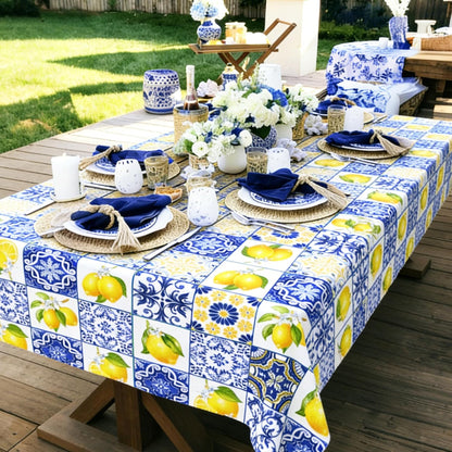 Capri Lemon Tablecloth Lemon Party Supplies 2PCS Blue Tiles and Yellow Lemon Plastic Table Cover Citrus Party Decorations Lemonade Tableware for Summer Fruits Birthday Baby Showe Wedding Decor