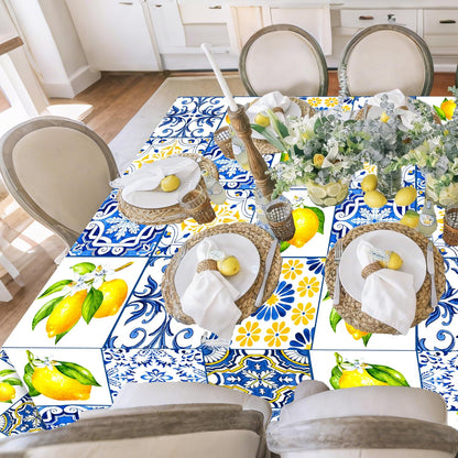 Capri Lemon Tablecloth Lemon Party Supplies 2PCS Blue Tiles and Yellow Lemon Plastic Table Cover Citrus Party Decorations Lemonade Tableware for Summer Fruits Birthday Baby Showe Wedding Decor