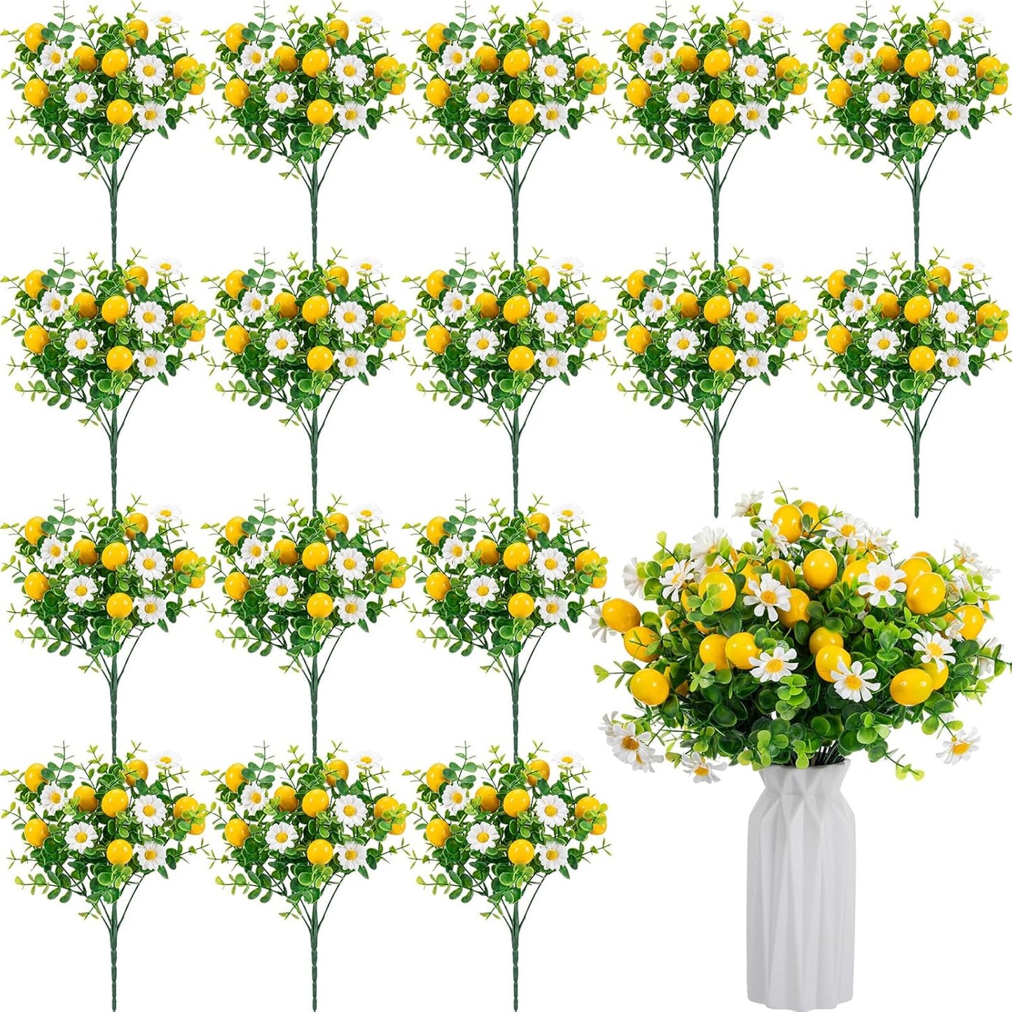 16 Pcs Artificial Lemon Branches Artificial Fruit Lemon Fake Fruit Bouquet Faux Flower Farmhouse Outdoor Spring Summer Decor for Kitchen Home Bathroom Wedding Party