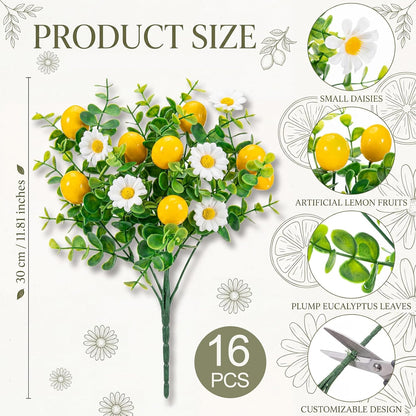 16 Pcs Artificial Lemon Branches Artificial Fruit Lemon Fake Fruit Bouquet Faux Flower Farmhouse Outdoor Spring Summer Decor for Kitchen Home Bathroom Wedding Party