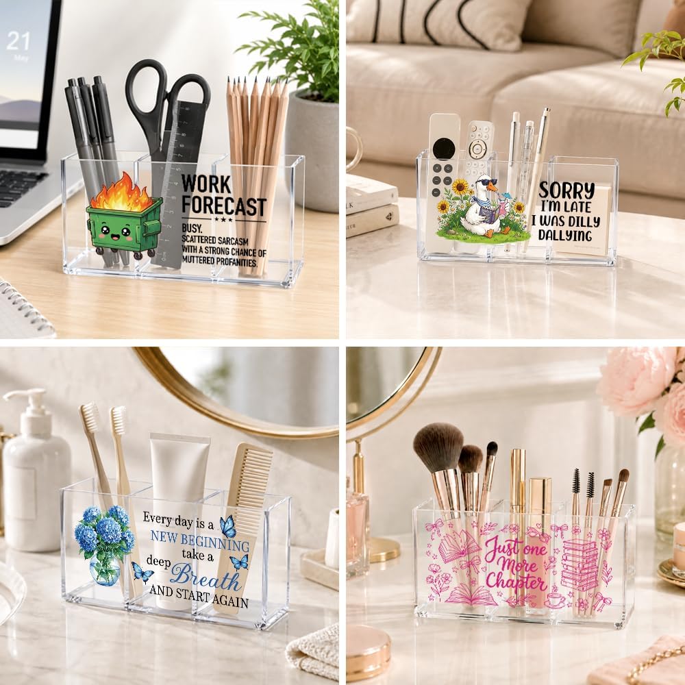 When Life Gives You Lemons Buy a Book Acrylic Pen Stationery Holder 3 Compartments, Readers Clear Desktop Organizer for Office School Home Supplies Bathroom, Work Desk Accessories Gifts