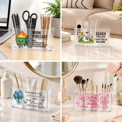 When Life Gives You Lemons Buy a Book Acrylic Pen Stationery Holder 3 Compartments, Readers Clear Desktop Organizer for Office School Home Supplies Bathroom, Work Desk Accessories Gifts