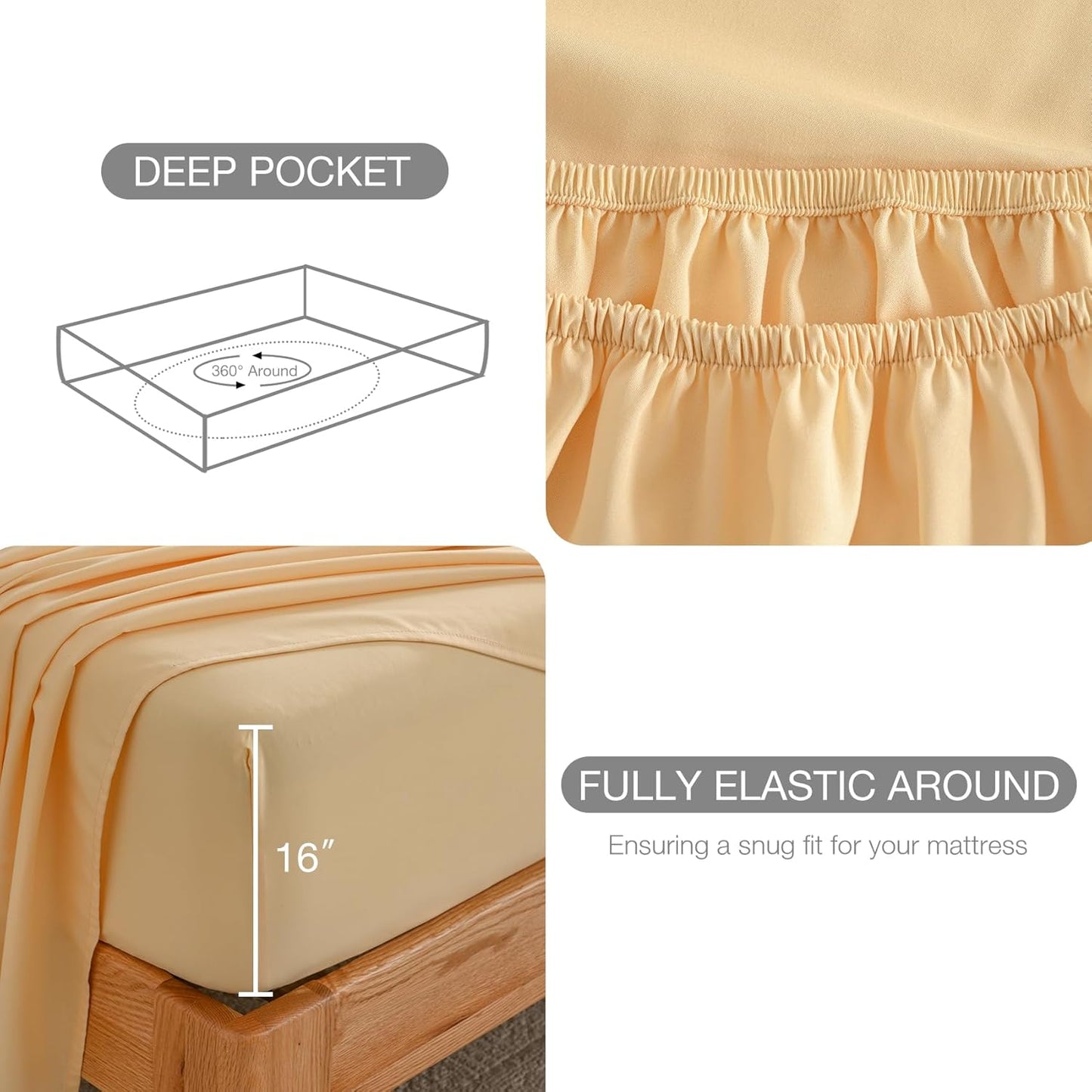 Full Size Bed Sheets Set, Yellow Cooling Hypoallergenic Microfiber Double Bed Sheets, Soft Oeko-Tex Extra Deep Pocket Sheets & Pillowcases Wrinkle Free Bedsheets