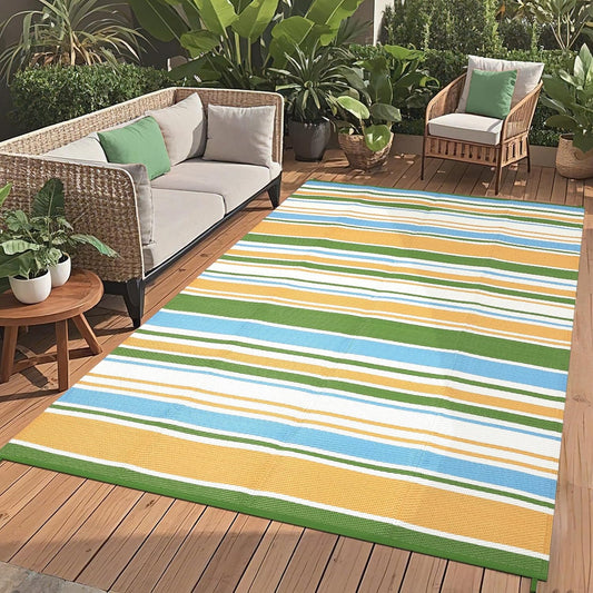 9x12 Outdoor Rug Modern Geometric Reversible Plastic Straw Outdoor Rugs Colorful Striped Indoor Outdoor Carpet UV Resistant Stain Large Rug for Balcony Deck Beach, Yellow Blue Green White
