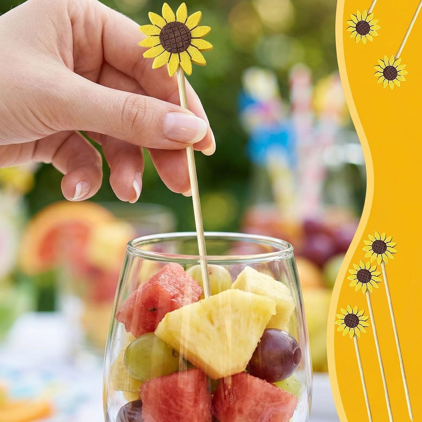 120 Pcs Sunflower Cocktail Picks for Appetizers Desserts Fruit Cupcakes, Hawaiian Party Food Garnish Skewer Sticks, 5 Inch Long Bamboo Toothpicks Party Supplies