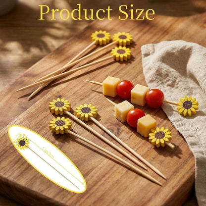 120 Pcs Sunflower Cocktail Picks for Appetizers Desserts Fruit Cupcakes, Hawaiian Party Food Garnish Skewer Sticks, 5 Inch Long Bamboo Toothpicks Party Supplies