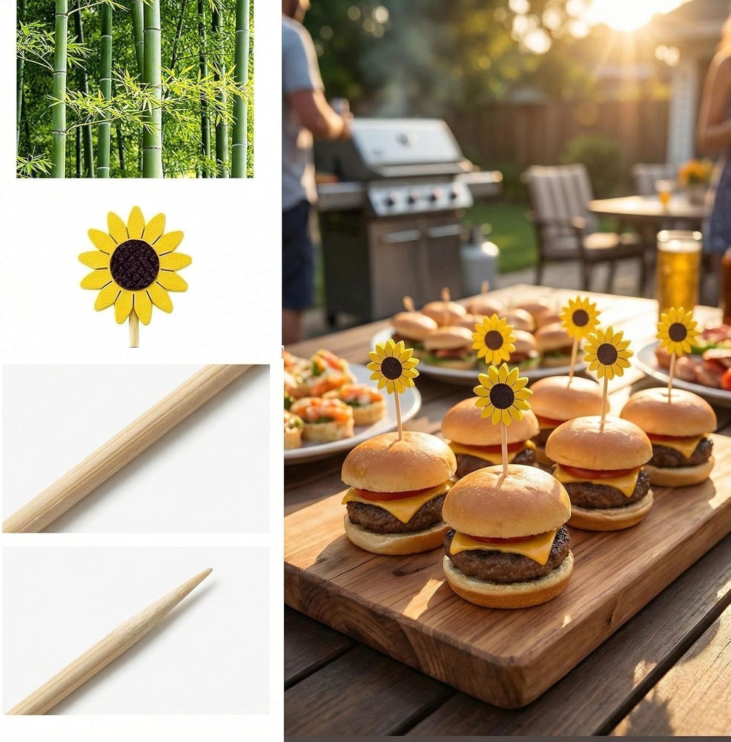 120 Pcs Sunflower Cocktail Picks for Appetizers Desserts Fruit Cupcakes, Hawaiian Party Food Garnish Skewer Sticks, 5 Inch Long Bamboo Toothpicks Party Supplies
