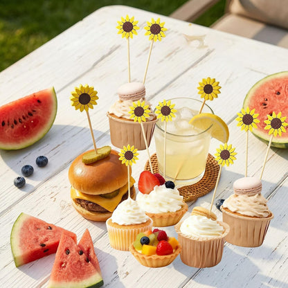 120 Pcs Sunflower Cocktail Picks for Appetizers Desserts Fruit Cupcakes, Hawaiian Party Food Garnish Skewer Sticks, 5 Inch Long Bamboo Toothpicks Party Supplies