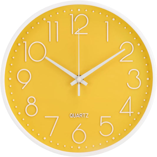 Wall Clock 10 Inch Non-Ticking Silent Modern Simple Style Round Decor Clock Yellow Stereoscopic Dial Quartz Wall Clocks for Home/Office/School/Living Room/Bedroom/Kitchen