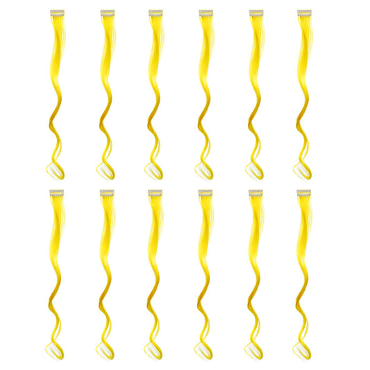 12 Pcs Curly Wavy One Color Party Highlights Clip on in Hair Extensions For Women Colored Hair Streak Synthetic Hairpieces (Yellow)