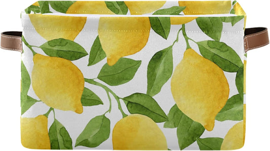 Storage Basket Cube, Watercolor Lemon Tree Leaves Large Storage Bin Box Collapsible Clothes Organizer Laundry Basket for Shelves Closet Bedroom, 1 Pack
