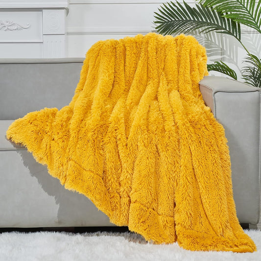 Fuzzy Faux Fur Twin Blanket for Couch, Mustard Yellow, 60"x80" | Warm Cozy Plush Shaggy Decorative Reversible Thick Non-Heated Fleece Blanket for Sofa Bed, Gift for Women Men, All Season Use