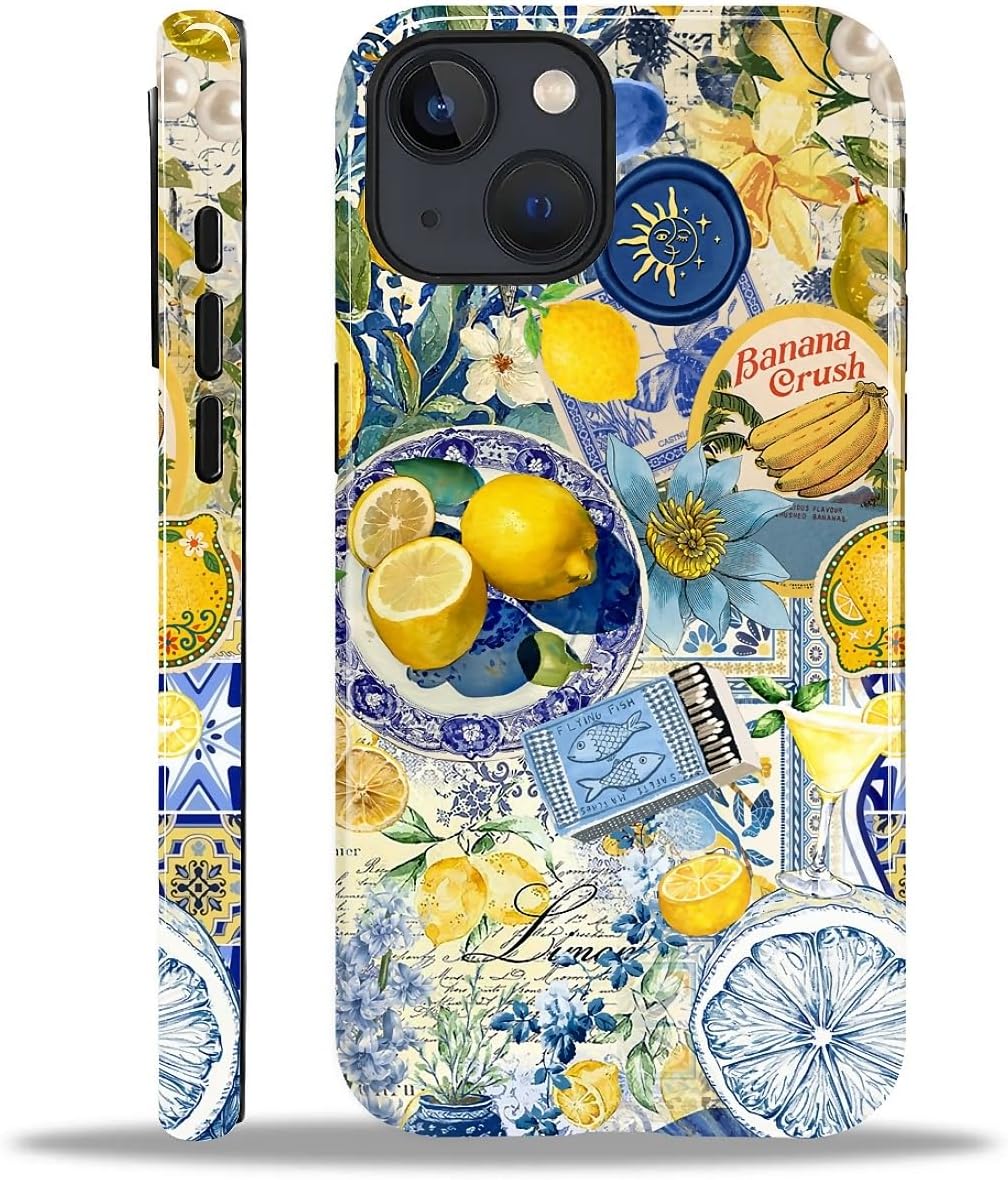 Case Compatible with iPhone 15 Plus, Cute Dual Layer Hybrid Phone Cover, Military Grade Drop Protection, Aesthetic Shockproof Phone Case for Women Girls, Vintage Lemon Collage