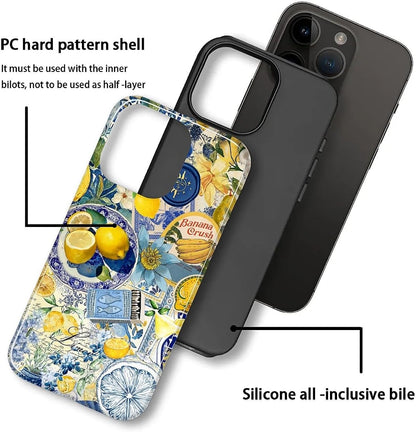 Case Compatible with iPhone 15 Plus, Cute Dual Layer Hybrid Phone Cover, Military Grade Drop Protection, Aesthetic Shockproof Phone Case for Women Girls, Vintage Lemon Collage
