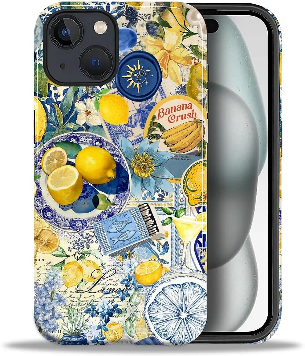Case Compatible with iPhone 15 Plus, Cute Dual Layer Hybrid Phone Cover, Military Grade Drop Protection, Aesthetic Shockproof Phone Case for Women Girls, Vintage Lemon Collage