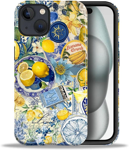 Case Compatible with iPhone 15 Plus, Cute Dual Layer Hybrid Phone Cover, Military Grade Drop Protection, Aesthetic Shockproof Phone Case for Women Girls, Vintage Lemon Collage