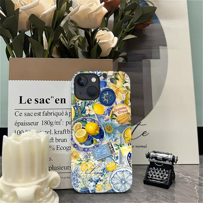 Case Compatible with iPhone 15 Plus, Cute Dual Layer Hybrid Phone Cover, Military Grade Drop Protection, Aesthetic Shockproof Phone Case for Women Girls, Vintage Lemon Collage
