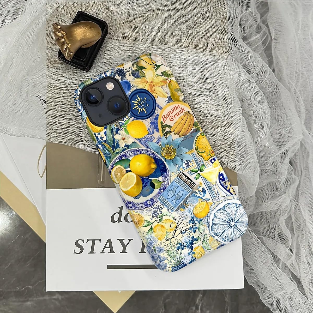 Case Compatible with iPhone 15 Plus, Cute Dual Layer Hybrid Phone Cover, Military Grade Drop Protection, Aesthetic Shockproof Phone Case for Women Girls, Vintage Lemon Collage