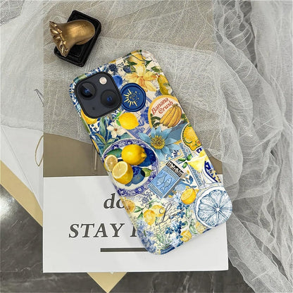 Case Compatible with iPhone 15 Plus, Cute Dual Layer Hybrid Phone Cover, Military Grade Drop Protection, Aesthetic Shockproof Phone Case for Women Girls, Vintage Lemon Collage