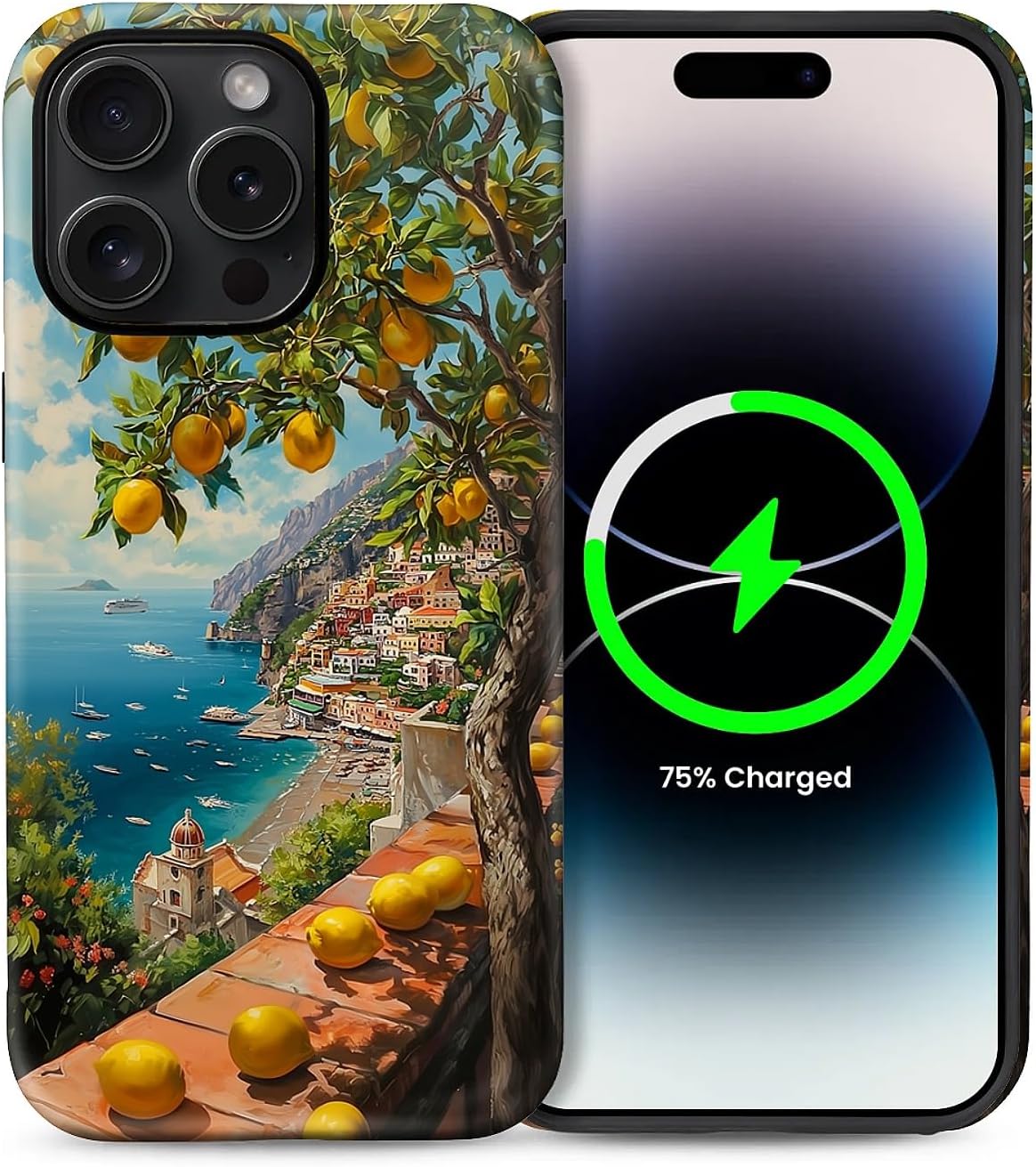 for iPhone 14 Pro Compatible with Magsafe Full Body Case Screen Lens Protection Magnetic Ring for Girl Boy Cute Pattern Italian Coast Amalfi Lemon Mediterranean Sea