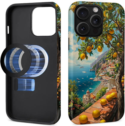 for iPhone 14 Pro Compatible with Magsafe Full Body Case Screen Lens Protection Magnetic Ring for Girl Boy Cute Pattern Italian Coast Amalfi Lemon Mediterranean Sea