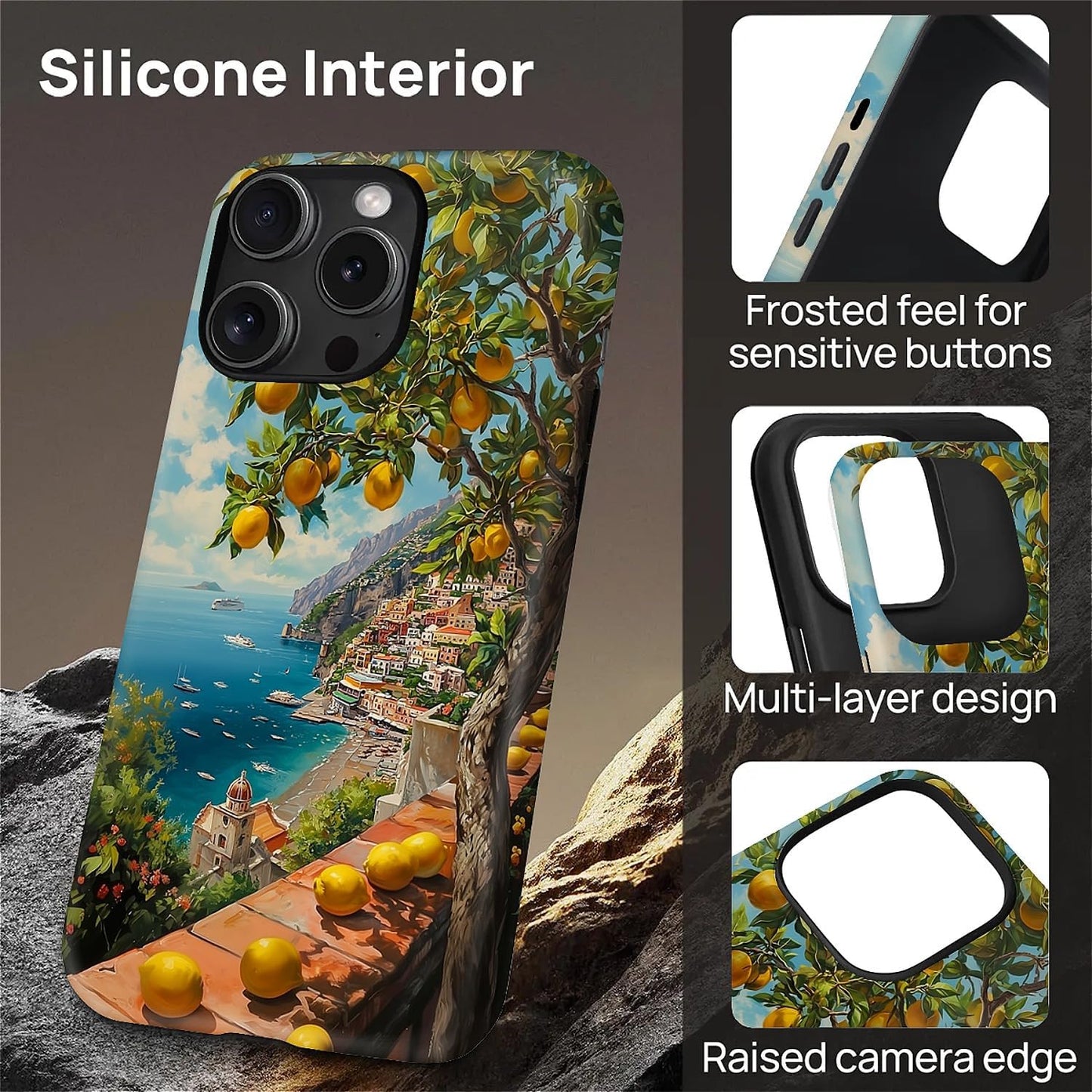 for iPhone 14 Pro Compatible with Magsafe Full Body Case Screen Lens Protection Magnetic Ring for Girl Boy Cute Pattern Italian Coast Amalfi Lemon Mediterranean Sea