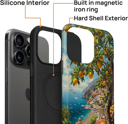 for iPhone 14 Pro Compatible with Magsafe Full Body Case Screen Lens Protection Magnetic Ring for Girl Boy Cute Pattern Italian Coast Amalfi Lemon Mediterranean Sea