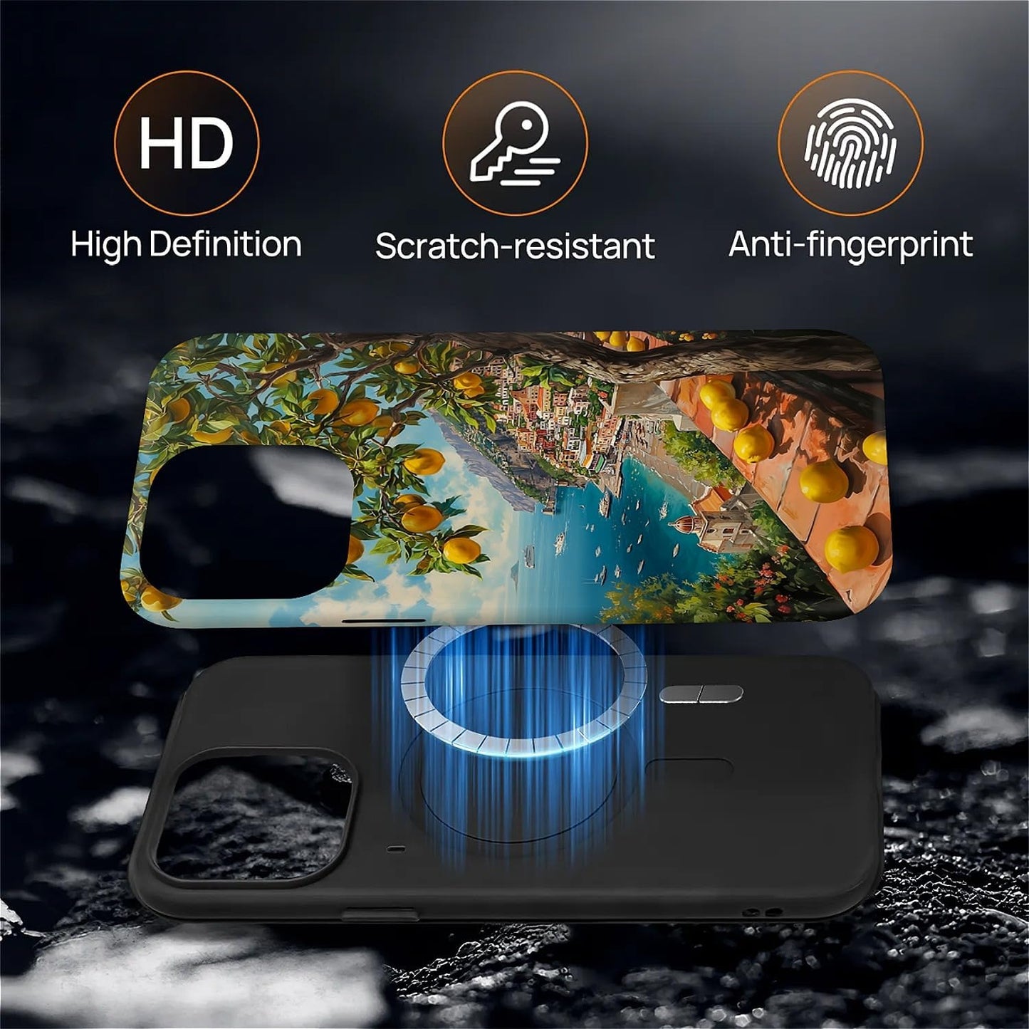 for iPhone 14 Pro Compatible with Magsafe Full Body Case Screen Lens Protection Magnetic Ring for Girl Boy Cute Pattern Italian Coast Amalfi Lemon Mediterranean Sea