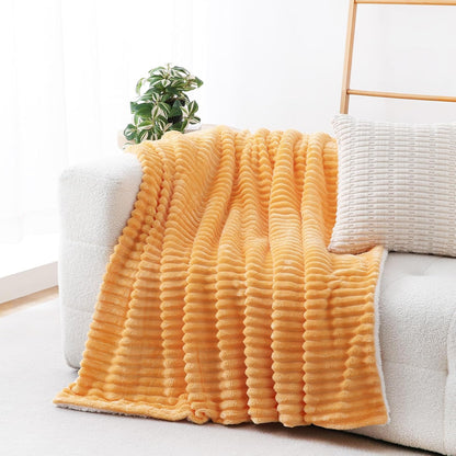 Warm Yellow Sherpa Fleece Throw Blanket 50”×60” for Couch Sofa Bed | Double Side Soft Fuzzy Cozy Plush Thick Flannel Blanket with Striped Design Gift for Adults,Woman