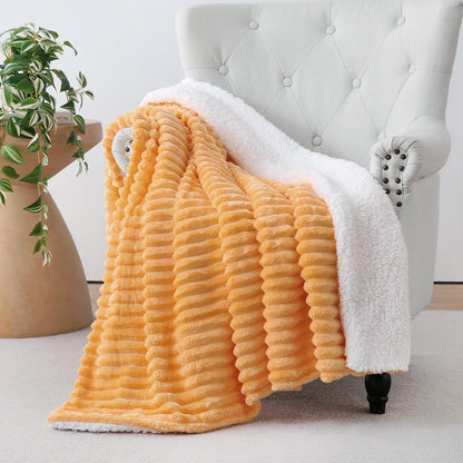 Warm Yellow Sherpa Fleece Throw Blanket 50”×60” for Couch Sofa Bed | Double Side Soft Fuzzy Cozy Plush Thick Flannel Blanket with Striped Design Gift for Adults,Woman