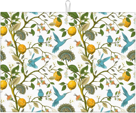 Summer Dish Drying Mat 18x24 Inch for Kitchen Counter, Blue Bird Flower Drying Mats Super Absorbent Fresh Yellow Lemon Dishes Pad for Kitchen Dining Room Seasonal Holiday Outdoor Indoor Decor