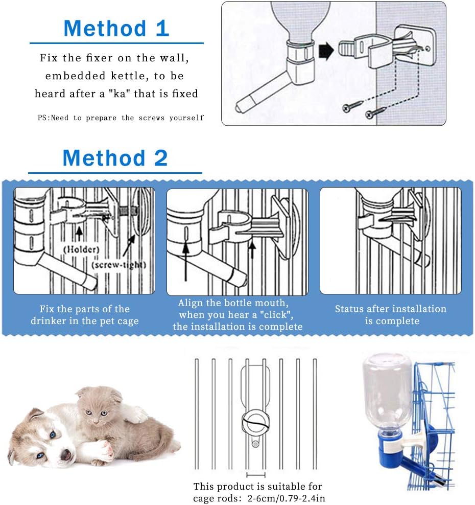 Andiker Dog Water Bottle for Crate, No-drip 350ml Dog Water Dispenser Adjustable and Detachable Installed on the Kennel Cage Water Bottle for Dogs and Puppy Drinking Water