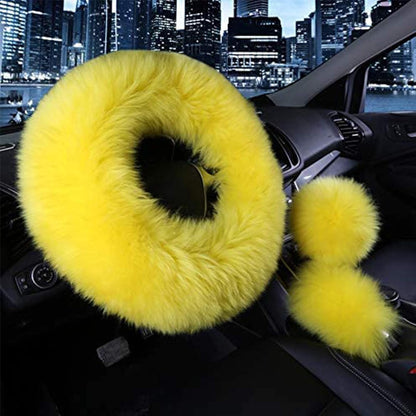 3 Pcs Car Steering Wheel Cover & Handbrake Cover & Gear Shift Cover Set Faux Wool Warm Winter (Yellow)