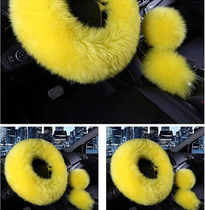 3 Pcs Car Steering Wheel Cover & Handbrake Cover & Gear Shift Cover Set Faux Wool Warm Winter (Yellow)