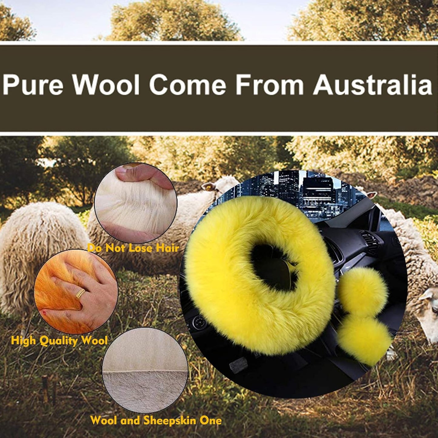 3 Pcs Car Steering Wheel Cover & Handbrake Cover & Gear Shift Cover Set Faux Wool Warm Winter (Yellow)