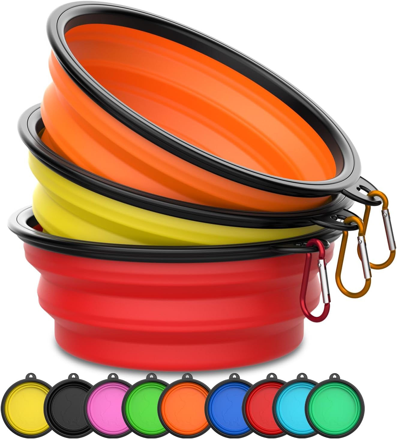Collapsible Dog Bowls [3 Pack] 20 oz, Travel Dog Bowls, Pet Bowl Portable Foldable Water Food Feeding Dishes with Carabiner Clip for Traveling Hiking Walking-Red & Orange & Yellow