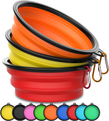 Collapsible Dog Bowls [3 Pack] 20 oz, Travel Dog Bowls, Pet Bowl Portable Foldable Water Food Feeding Dishes with Carabiner Clip for Traveling Hiking Walking-Red & Orange & Yellow
