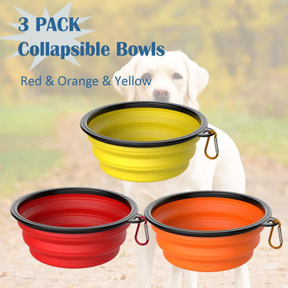 Collapsible Dog Bowls [3 Pack] 20 oz, Travel Dog Bowls, Pet Bowl Portable Foldable Water Food Feeding Dishes with Carabiner Clip for Traveling Hiking Walking-Red & Orange & Yellow