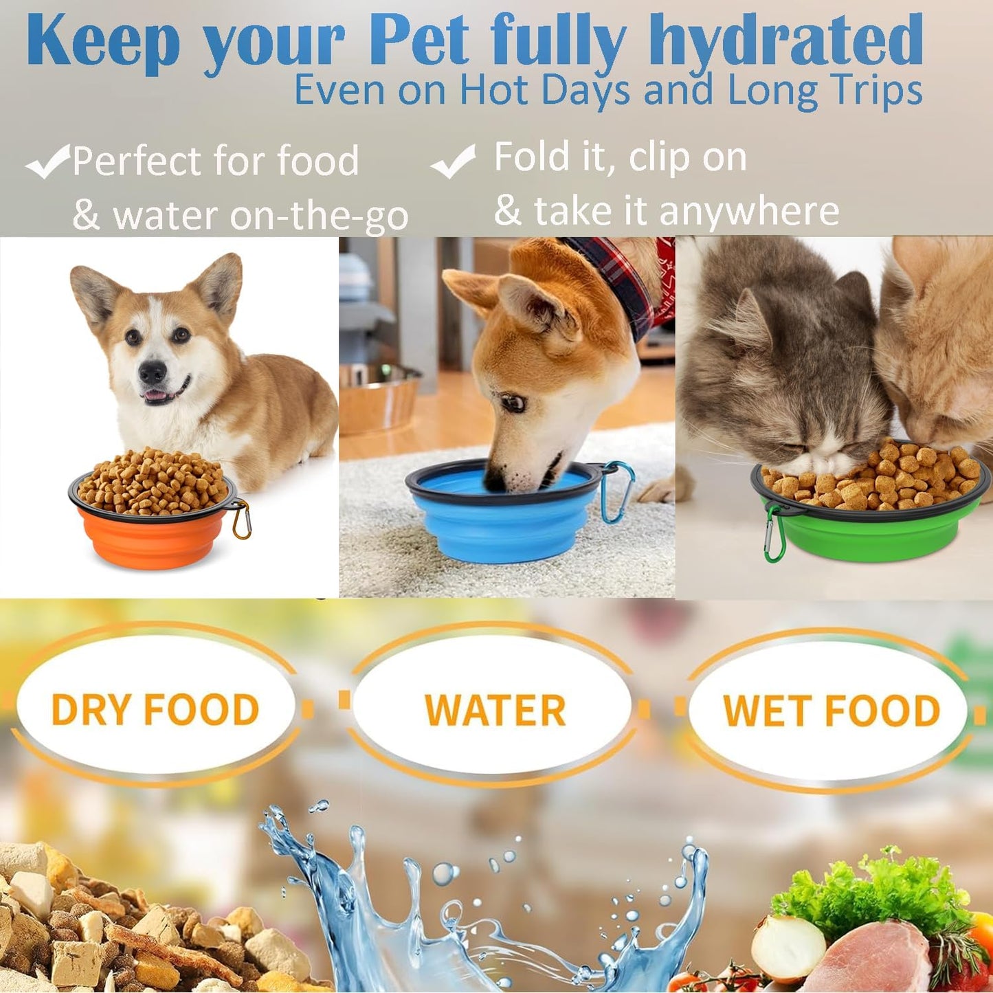 Collapsible Dog Bowls [3 Pack] 20 oz, Travel Dog Bowls, Pet Bowl Portable Foldable Water Food Feeding Dishes with Carabiner Clip for Traveling Hiking Walking-Red & Orange & Yellow